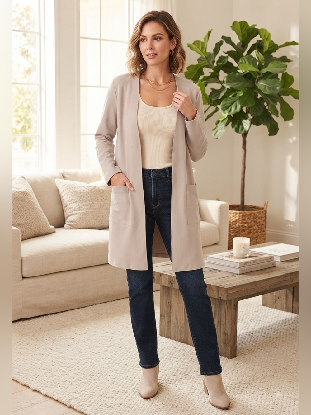 Carolina Belle Light Taupe Open-Front Coatigan
